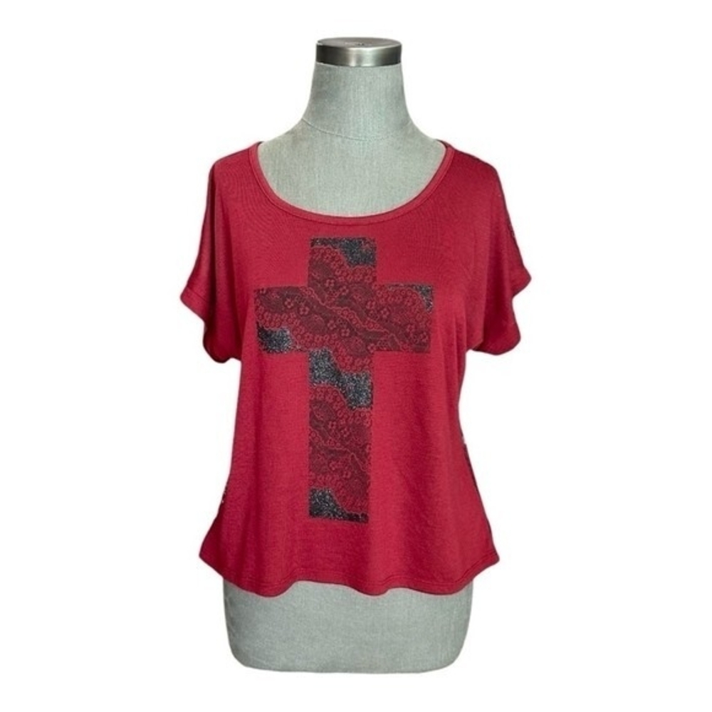 HYBRID Apparel Womens Tee L Burgundy Red Black Cross Front Lace Back Distressed - Picture 3 of 7